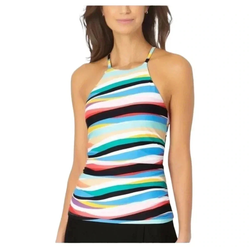 Anne Cole Womens XS Wavy Stripe Halter Tankini Swim Top